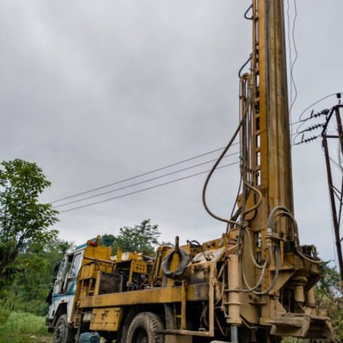 A close up shot bore well drilling truck, Tubewell Drilling Machine.